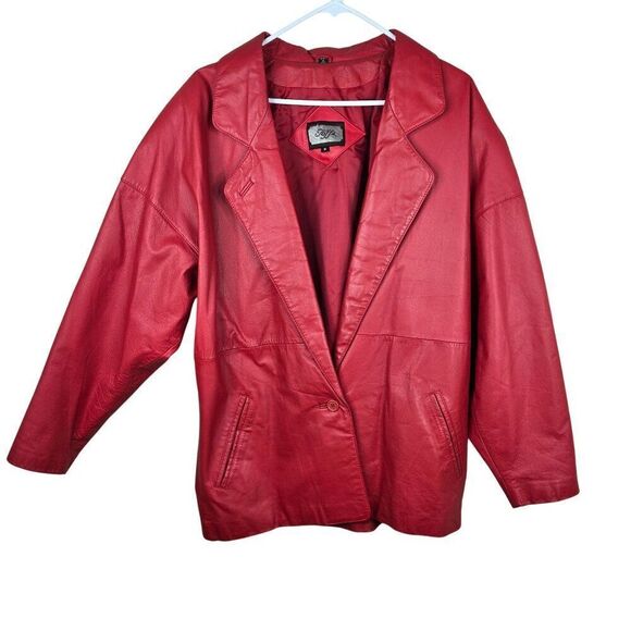 Vintage 80s Red Leather Jacket Womens Size M Oversized Shoulder Pads - Picture 1 of 7